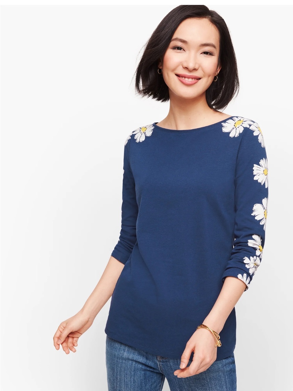 Talbots Daisy Cotton Bateau Neck Tee Navy with Yellow and White Daisies Size XS